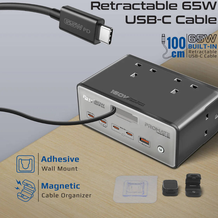 Promate PowerBrix-160 160W GaN Desktop Charging Station - High-Power Hub with 3 AC Outlets and 65W USB-C Power Delivery