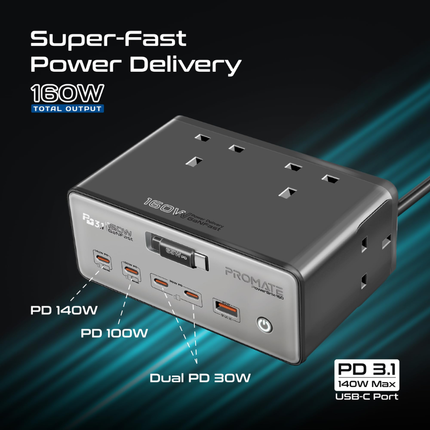 Promate PowerBrix-160 160W GaN Desktop Charging Station - High-Power Hub with 3 AC Outlets and 65W USB-C Power Delivery