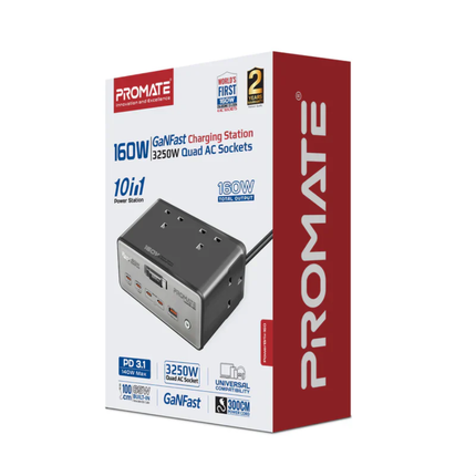 Promate PowerBrix-160 160W GaN Desktop Charging Station - High-Power Hub with 3 AC Outlets and 65W USB-C Power Delivery