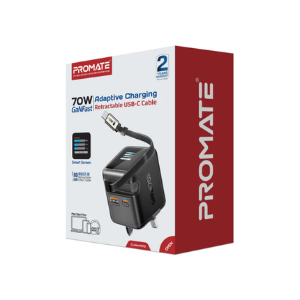 Promate Cubix-R70 70W Desktop Charging Station - Compact Cube Power Hub with 3 AC Outlets and 65W USB-C Power Delivery