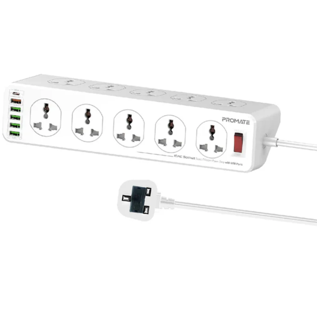 مشترك كهرباء Promate PowerMatrix-5M شديد التحمل - 10 مقابس كهرباء بسلك طويل جداً 5 أمتار ومنافذ USB