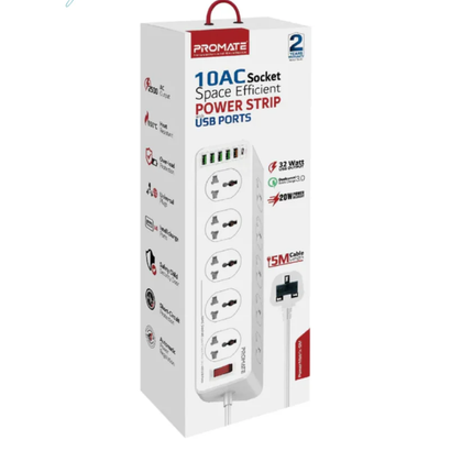 مشترك كهرباء Promate PowerMatrix-5M شديد التحمل - 10 مقابس كهرباء بسلك طويل جداً 5 أمتار ومنافذ USB