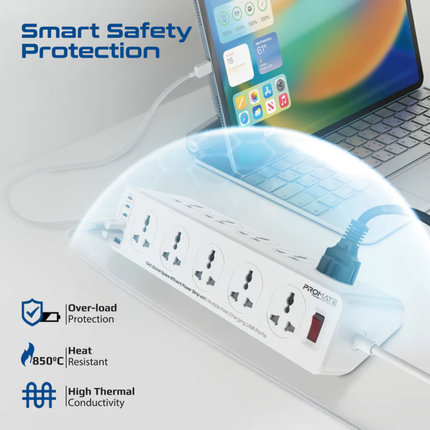 مشترك كهرباء Promate PowerMatrix-5M شديد التحمل - 10 مقابس كهرباء بسلك طويل جداً 5 أمتار ومنافذ USB