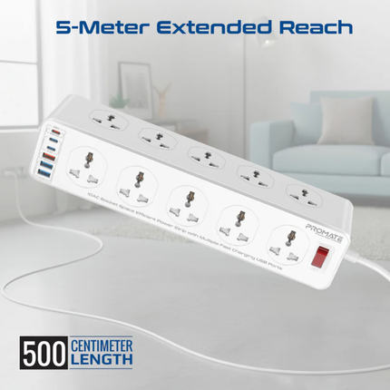 مشترك كهرباء Promate PowerMatrix-5M شديد التحمل - 10 مقابس كهرباء بسلك طويل جداً 5 أمتار ومنافذ USB