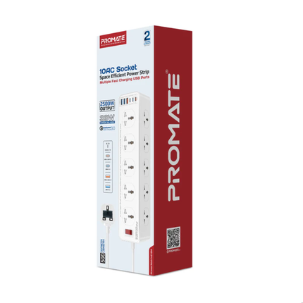 مشترك كهرباء Promate PowerMatrix-5M شديد التحمل - 10 مقابس كهرباء بسلك طويل جداً 5 أمتار ومنافذ USB