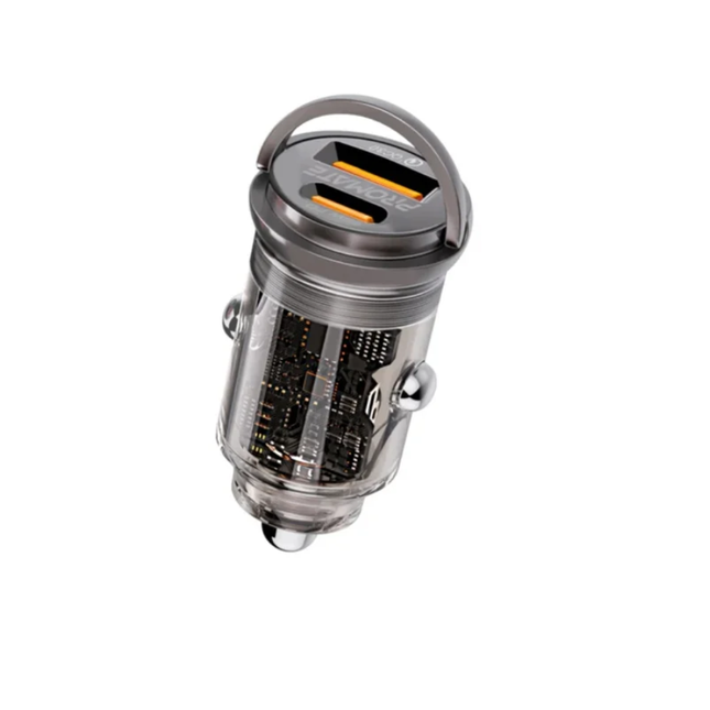 شاحن سيارة Promate TransDrive-65W شفاف وميني - شحن GaN فائق السرعة بقوة 65 واط ومنفذين USB-C