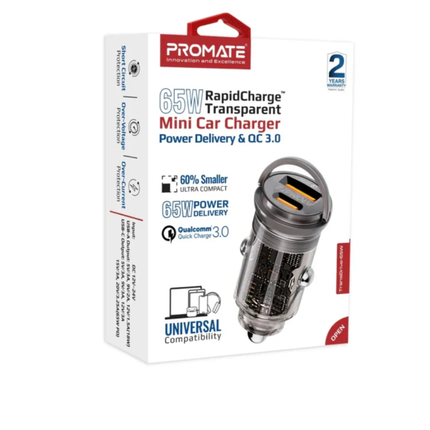 شاحن سيارة Promate TransDrive-65W شفاف وميني - شحن GaN فائق السرعة بقوة 65 واط ومنفذين USB-C