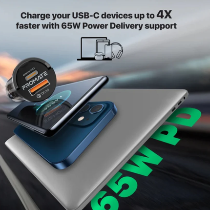 شاحن سيارة Promate TransDrive-65W شفاف وميني - شحن GaN فائق السرعة بقوة 65 واط ومنفذين USB-C