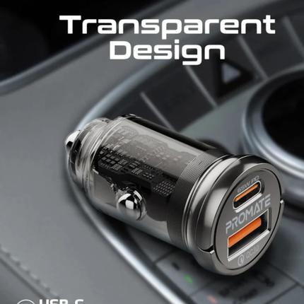 شاحن سيارة Promate TransDrive-65W شفاف وميني - شحن GaN فائق السرعة بقوة 65 واط ومنفذين USB-C