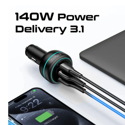 شاحن سيارة Promate PowerDrive-230W الخارق - قوة إجمالية 230 واط مع منفذ PD 3.1 بقدرة 140 واط وشاشة LCD