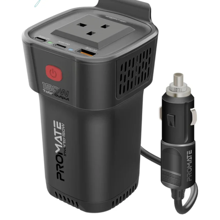 محول طاقة سيارة Promate Inverto-150 بقدرة 150 واط - انفيرتر بفيش كهرباء منزلي ومنفذ USB-C PD بقوة 30 واط