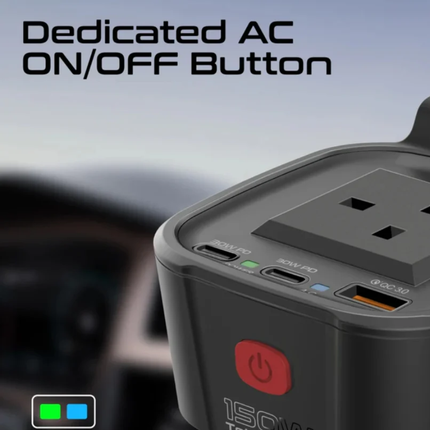 محول طاقة سيارة Promate Inverto-150 بقدرة 150 واط - انفيرتر بفيش كهرباء منزلي ومنفذ USB-C PD بقوة 30 واط