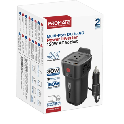 محول طاقة سيارة Promate Inverto-150 بقدرة 150 واط - انفيرتر بفيش كهرباء منزلي ومنفذ USB-C PD بقوة 30 واط