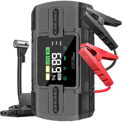 باور بانك ومنفاخ إطارات وجهاز تشغيل سيارة Promate PatrolPack-3 - قوة 1200 أمبير وضغط 150 PSI وسعة 12000 مللي أمبير