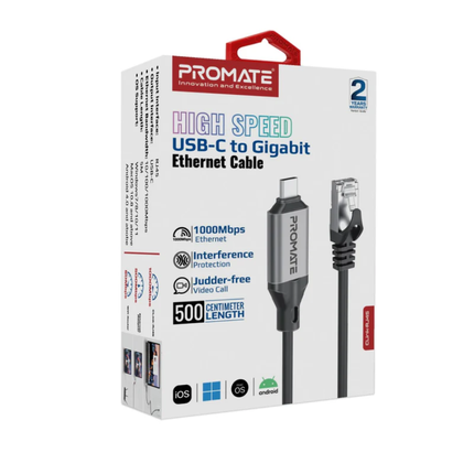 Promate Clink-RJ45 High-Speed Cat6 Ethernet Cable - Gigabit Gold-Plated Network Cable for Home and Office