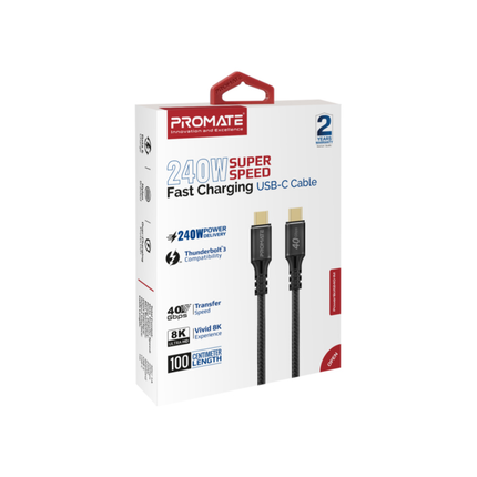 كابل Promate PowerBolt240 ثاندر بولت 4 بقوة 240 واط - نقل بيانات فائق السرعة 40Gbps ودعم شاشات 8K (1 متر)