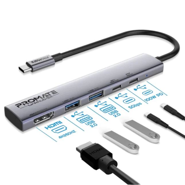 موصل متعدد المنافذ Promate LinkHub-5X (5 في 1) - شحن 100 واط، مخرج HDMI بدقة 4K ومنافذ USB 3.0