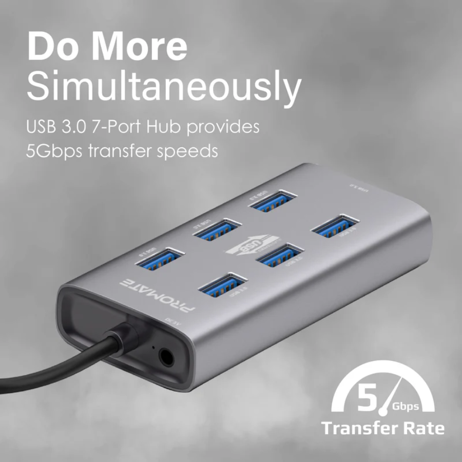 موزع منافذ Promate ezHub-7 بـ 7 منافذ USB 3.0 - سرعة نقل بيانات 5 جيجابت في الثانية للكمبيوتر واللابتوب موزع منافذ Promate ezHub-7 بـ 7 منافذ USB 3.0 - سرعة نقل بيانات 5 جيجابت في الثانية للكمبيوتر واللابتوب