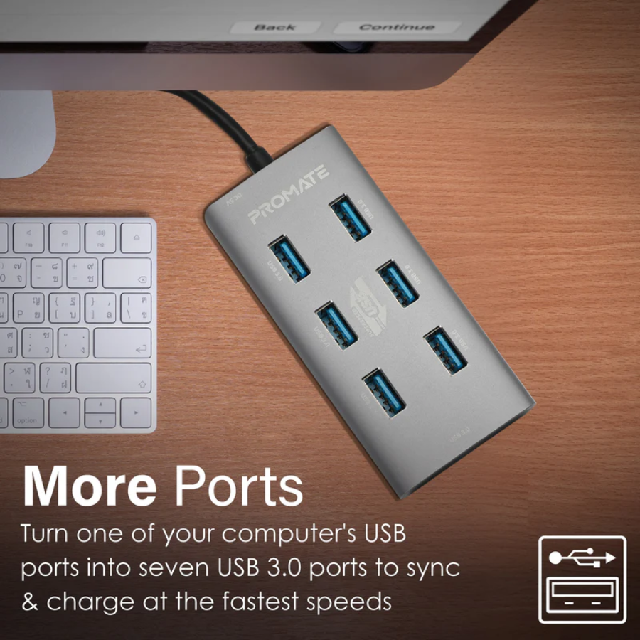 موزع منافذ Promate ezHub-7 بـ 7 منافذ USB 3.0 - سرعة نقل بيانات 5 جيجابت في الثانية للكمبيوتر واللابتوب موزع منافذ Promate ezHub-7 بـ 7 منافذ USB 3.0 - سرعة نقل بيانات 5 جيجابت في الثانية للكمبيوتر واللابتوب