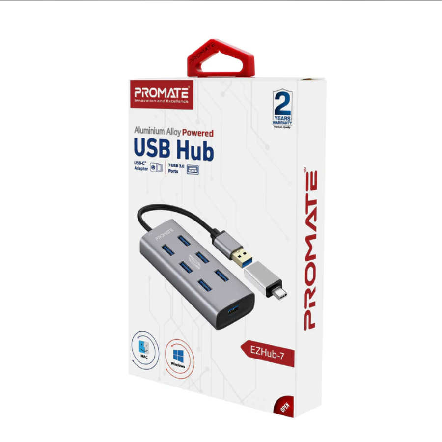 موزع منافذ Promate ezHub-7 بـ 7 منافذ USB 3.0 - سرعة نقل بيانات 5 جيجابت في الثانية للكمبيوتر واللابتوب موزع منافذ Promate ezHub-7 بـ 7 منافذ USB 3.0 - سرعة نقل بيانات 5 جيجابت في الثانية للكمبيوتر واللابتوب