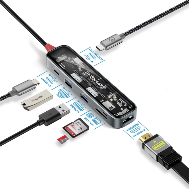 موصل متعدد المنافذ Promate LucidHub-7 بتصميم شفاف (7 في 1) - شحن 100 واط ومخرج HDMI 4K