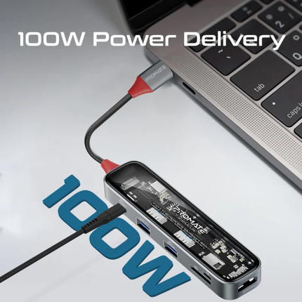 Promate LucidHub-7 7-in-1 Transparent USB-C Hub - 100W Power Delivery, 4K HDMI, and Multi-Port High-Speed Expansion