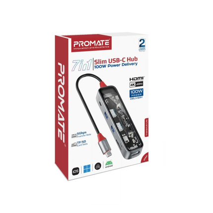 Promate LucidHub-7 7-in-1 Transparent USB-C Hub - 100W Power Delivery, 4K HDMI, and Multi-Port High-Speed Expansion