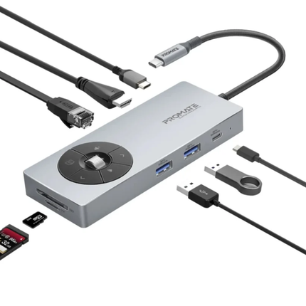 محطة عمل Promate Comand-Hub Pro المتكاملة (14 في 1) - شحن 100 واط، دعم 3 شاشات 4K وسرعة نقل 10Gbps