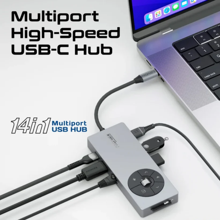 محطة عمل Promate Comand-Hub Pro المتكاملة (14 في 1) - شحن 100 واط، دعم 3 شاشات 4K وسرعة نقل 10Gbps
