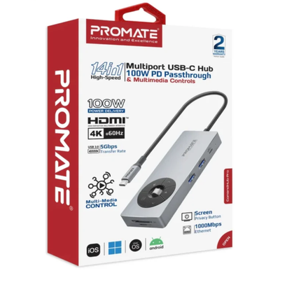محطة عمل Promate Comand-Hub Pro المتكاملة (14 في 1) - شحن 100 واط، دعم 3 شاشات 4K وسرعة نقل 10Gbps