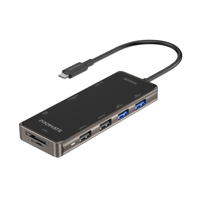 موصل متعدد المنافذ Promate PrimeHub-Go (9 في 1) - شحن 100 واط، إيثرنت 1000Mbps ومخرج HDMI بدقة 4K
