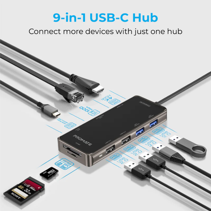 Promate PrimeHub-Go 9-in-1 USB-C Hub - 100W Power Delivery, 4K HDMI, 1000Mbps Gigabit Ethernet, and Multi-Port Expansion