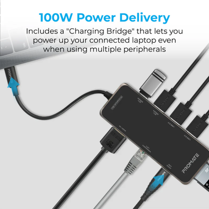 Promate PrimeHub-Go 9-in-1 USB-C Hub - 100W Power Delivery, 4K HDMI, 1000Mbps Gigabit Ethernet, and Multi-Port Expansion