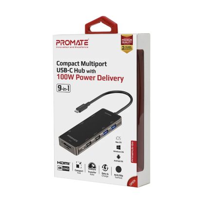 Promate PrimeHub-Go 9-in-1 USB-C Hub - 100W Power Delivery, 4K HDMI, 1000Mbps Gigabit Ethernet, and Multi-Port Expansion