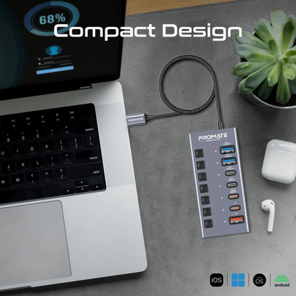 محول شبكة Promate GegaHub-10G فائق السرعة من USB-C إلى إيثرنت - سرعة 10 جيجابت متوافق مع ثاندر بولت
