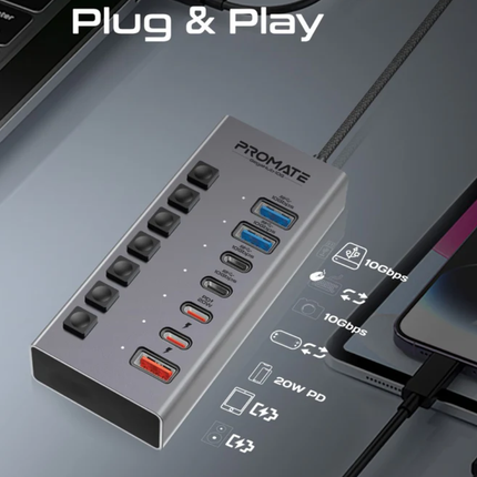 محول شبكة Promate GegaHub-10G فائق السرعة من USB-C إلى إيثرنت - سرعة 10 جيجابت متوافق مع ثاندر بولت