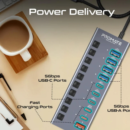 Promate GegaHub-5G 10-in-1 Professional USB-C Hub - 100W Power Delivery, 4K HDMI, and Ultra-Fast 5Gbps Data Transfer