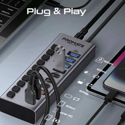 Promate GegaHub-5G 10-in-1 Professional USB-C Hub - 100W Power Delivery, 4K HDMI, and Ultra-Fast 5Gbps Data Transfer