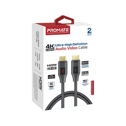 كابل Promate proLink4K60-500 عالي الوضوح HDMI 4K - تردد 60 هيرتز، رؤوس مطلية بالذهب وطول 5/10/15/20 متر