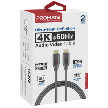 Promate proLink4K60-300 Ultra-HD 4K HDMI 2.0 Cable - 60Hz Refresh Rate, 18Gbps Bandwidth, and Gold-Plated Connectors (1.5-3 Meters)