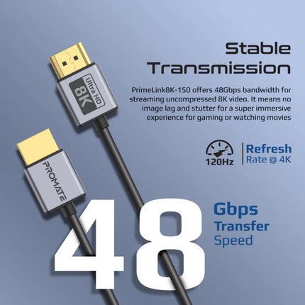 Promate PrimeLink8K Ultra-High-Speed HDMI 2.1 Cable - 8K@60Hz, 48Gbps Bandwidth, Dynamic HDR & eARC (1.5m & 3m Options)
