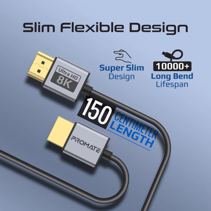 Promate PrimeLink8K Ultra-High-Speed HDMI 2.1 Cable - 8K@60Hz, 48Gbps Bandwidth, Dynamic HDR & eARC (1.5m & 3m Options)