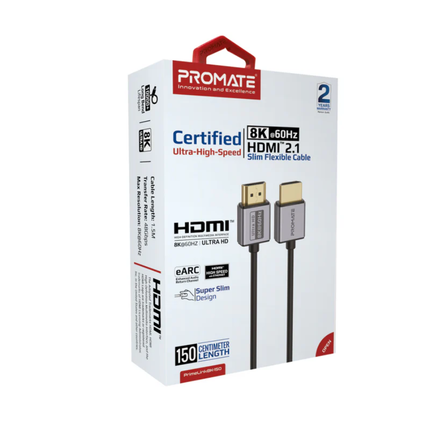 Promate PrimeLink8K Ultra-High-Speed HDMI 2.1 Cable - 8K@60Hz, 48Gbps Bandwidth, Dynamic HDR & eARC (1.5m & 3m Options)