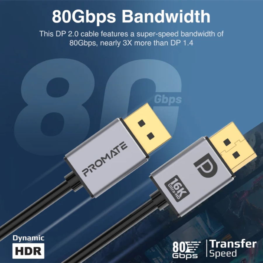 كابل Promate dpLink-16K فائق السرعة DisplayPort 2.1 - دقة 16K@60Hz، سرعة 80Gbps ورؤوس مطلية بالذهب كابل Promate dpLink-16K فائق السرعة DisplayPort 2.1 - دقة 16K@60Hz، سرعة 80Gbps ورؤوس مطلية بالذهب