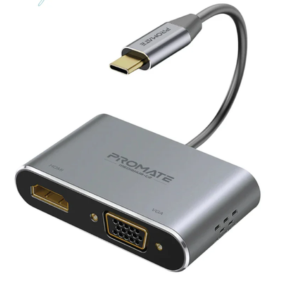 محول Promate MediaHub-C2 من USB-C إلى HDMI و VGA - دعم شاشتين، دقة 4K HDMI وهيكل ألمنيوم فاخر