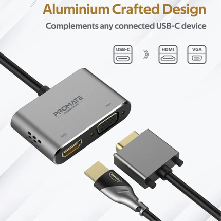 محول Promate MediaHub-C2 من USB-C إلى HDMI و VGA - دعم شاشتين، دقة 4K HDMI وهيكل ألمنيوم فاخر