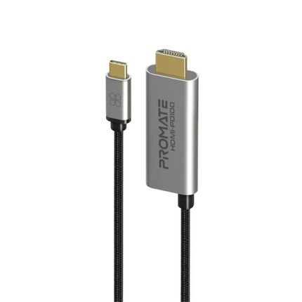Promate HDMI-PD100 USB-C to HDMI Adapter with 100W Power Delivery - 4K Ultra HD @ 60Hz, Fast Charging Bridge & Aluminum Design