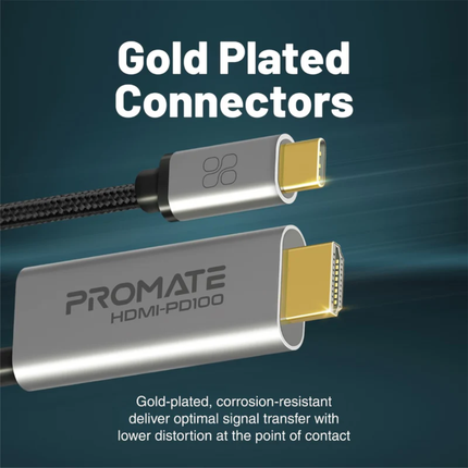Promate HDMI-PD100 USB-C to HDMI Adapter with 100W Power Delivery - 4K Ultra HD @ 60Hz, Fast Charging Bridge & Aluminum Design