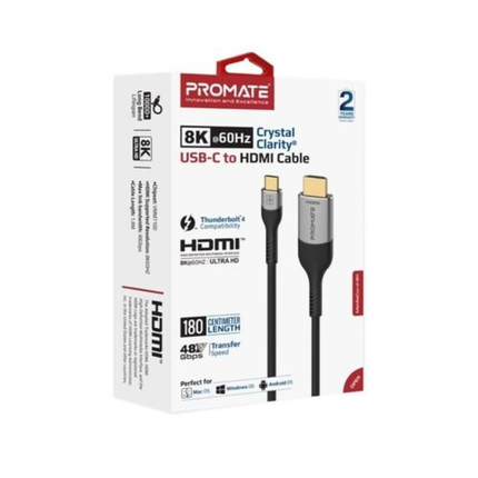 Promate MediaCord-8K Ultra-Fast HDMI 2.1 Cable - 8K@60Hz, 48Gbps High-Speed, Braided Design & Gold-Plated Connectors (1.8 Meters)