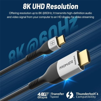 Promate MediaCord-8K Ultra-Fast HDMI 2.1 Cable - 8K@60Hz, 48Gbps High-Speed, Braided Design & Gold-Plated Connectors (1.8 Meters)